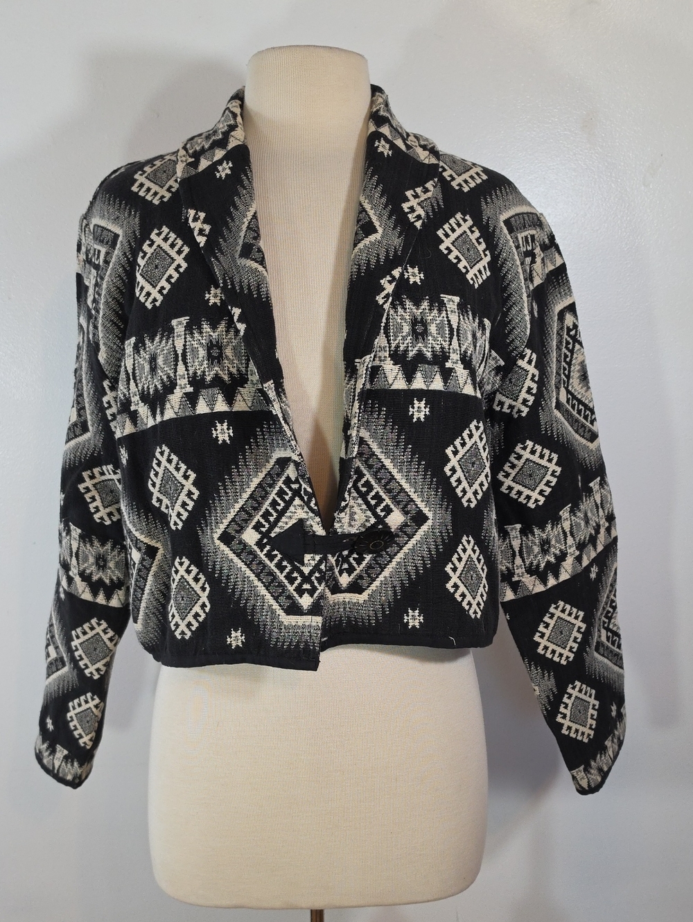 Vintage Flashback Black & White Aztec Cropped Tapestry 90's Jacket